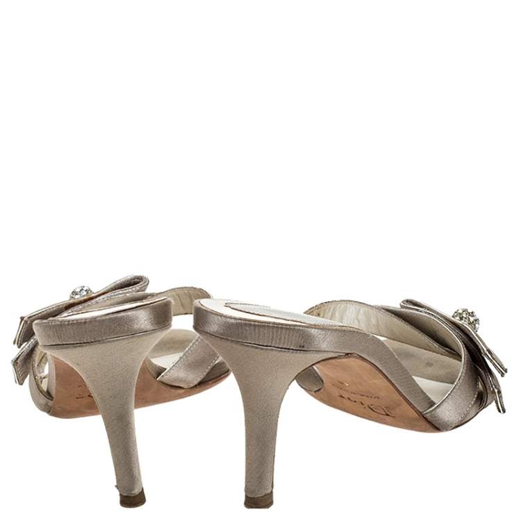 Pre Owned Christian Dior Grey Satin Crystal Ball Embellished Bow Detail Slip On Mules Size 36