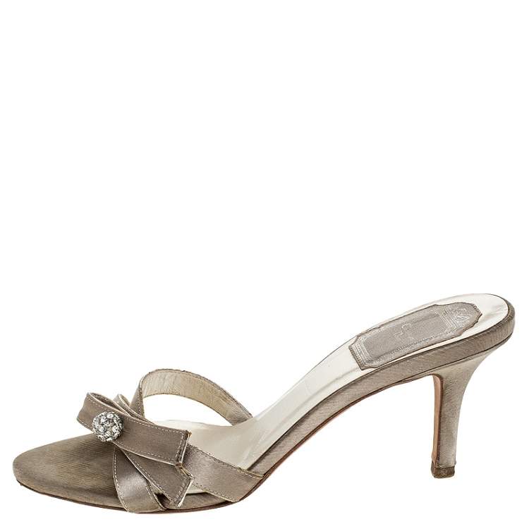 Pre Owned Christian Dior Grey Satin Crystal Ball Embellished Bow Detail Slip On Mules Size 36