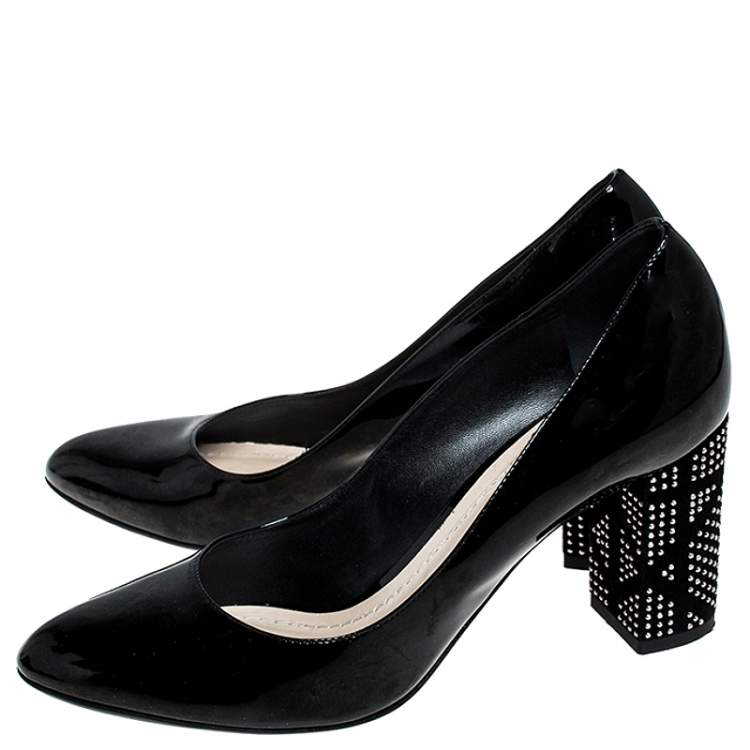 Pre Owned Dior Black Patent Leather Embellished Block Heel Pumps Size 37