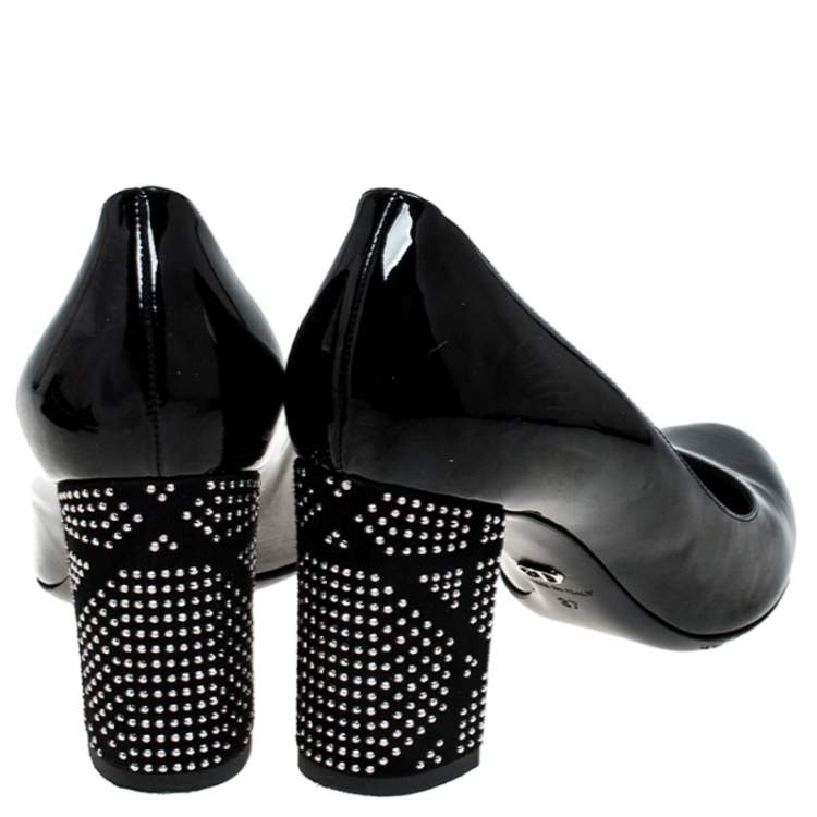 Pre Owned Dior Black Patent Leather Embellished Block Heel Pumps Size 37