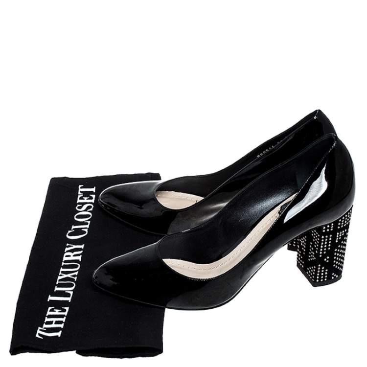 Pre Owned Dior Black Patent Leather Embellished Block Heel Pumps Size 37