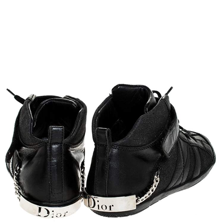 Pre Owned Dior Black Denim and Leather Logo Chain Lace Sneakers Size 38