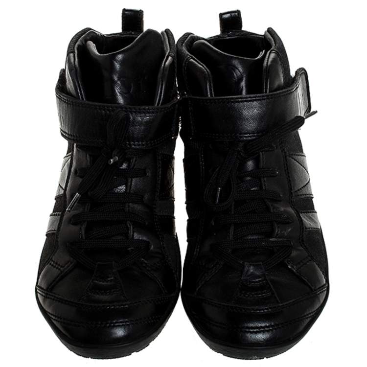 Pre Owned Dior Black Denim and Leather Logo Chain Lace Sneakers Size 38