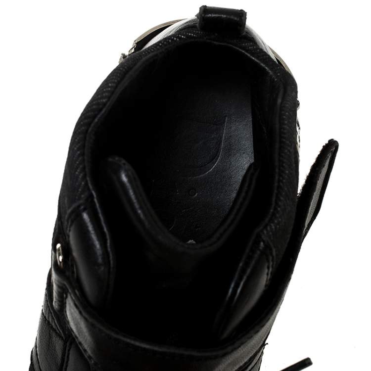 Pre Owned Dior Black Denim and Leather Logo Chain Lace Sneakers Size 38