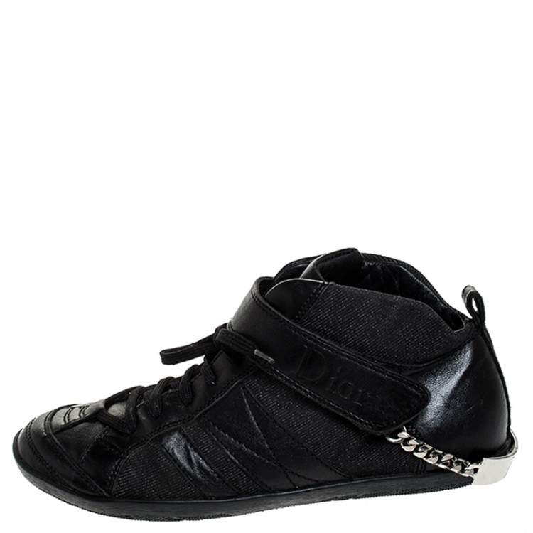 Pre Owned Dior Black Denim and Leather Logo Chain Lace Sneakers Size 38