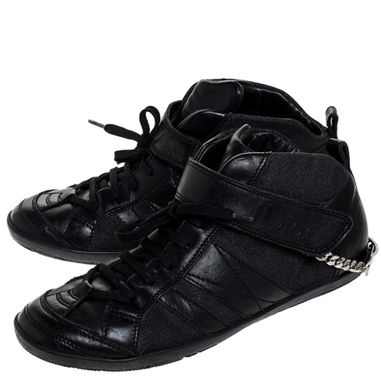 Pre Owned Dior Black Denim and Leather Logo Chain Lace Sneakers Size 38