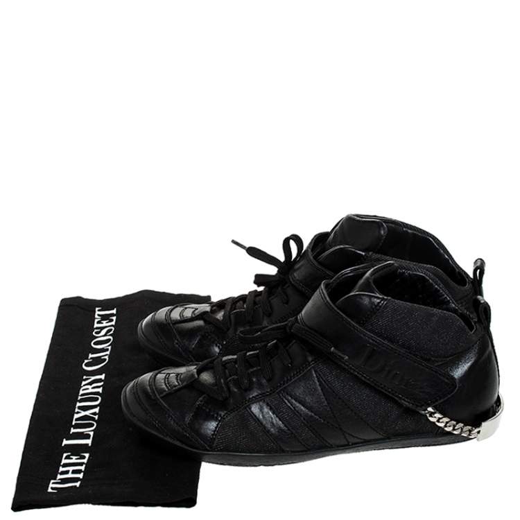 Pre Owned Dior Black Denim and Leather Logo Chain Lace Sneakers Size 38