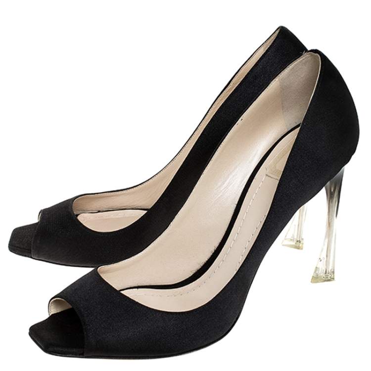 Pre Owned Dior Black Fabric Peep Toe Lucite Heel Pumps Size 41