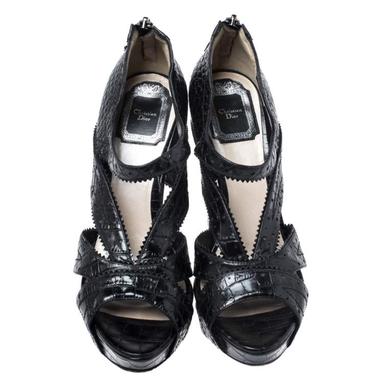Pre Owned Dior Black Croc Leather Wedge Bonnie Sandals Size 38