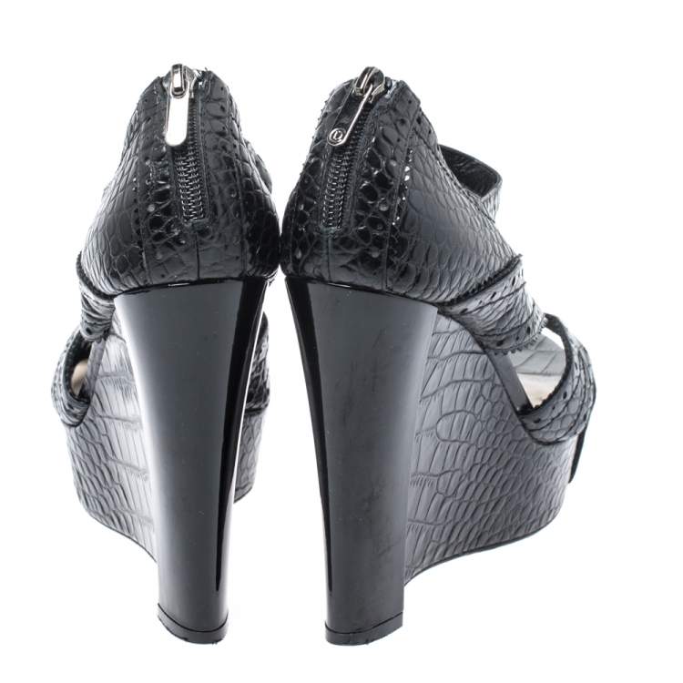Pre Owned Dior Black Croc Leather Wedge Bonnie Sandals Size 38