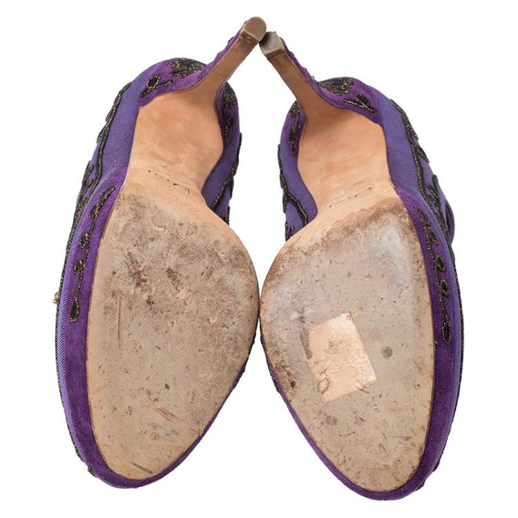 Pre Owned Dior Purple Embroidered Canvas And Suede Platform Pumps Size 38