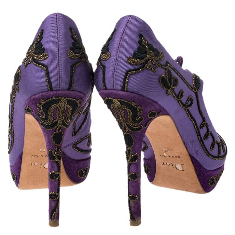 Pre Owned Dior Purple Embroidered Canvas And Suede Platform Pumps Size 38