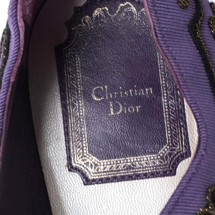 Pre Owned Dior Purple Embroidered Canvas And Suede Platform Pumps Size 38