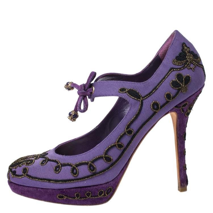 Pre Owned Dior Purple Embroidered Canvas And Suede Platform Pumps Size 38