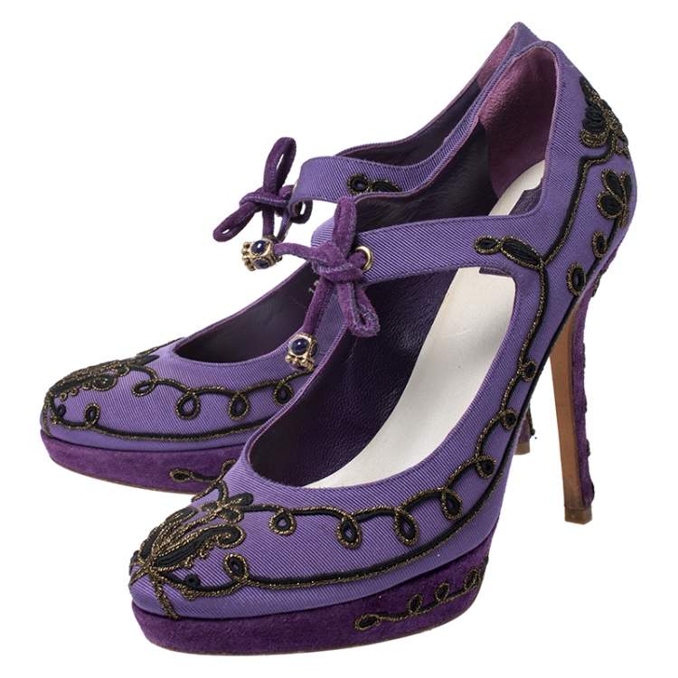Pre Owned Dior Purple Embroidered Canvas And Suede Platform Pumps Size 38