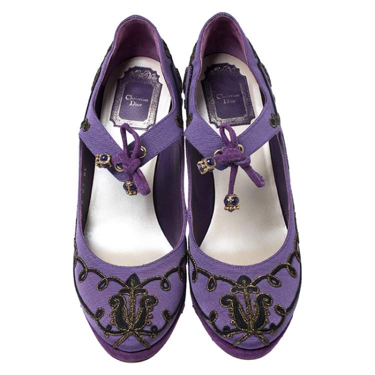 Pre Owned Dior Purple Embroidered Canvas And Suede Platform Pumps Size 38