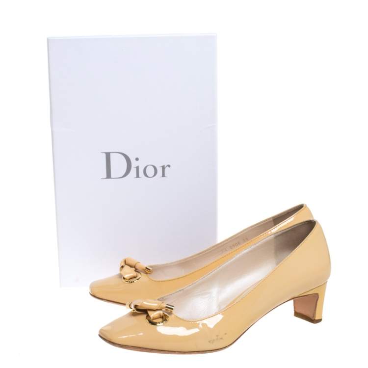 Pre Owned Dior Beige Patent Leather Bow Detail Square Toe Pumps Size 39