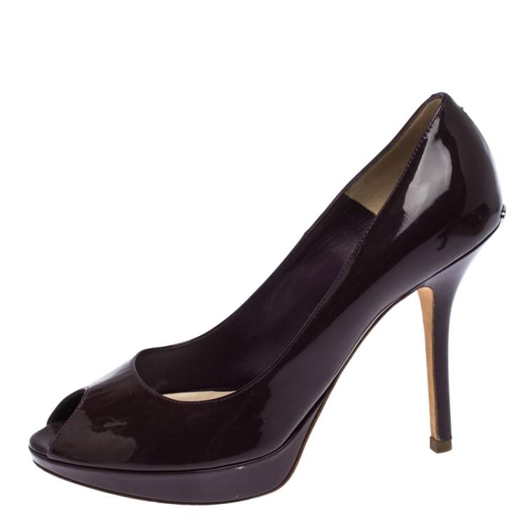Pre Owned Dior Purple Patent Leather Miss Dior Peep Toe Platform Pumps Size 38