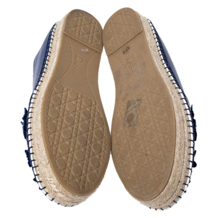 Pre Owned Dior Navy Blue Laser Cut Leather Flower Applique Espadrille Flats Size 37.5