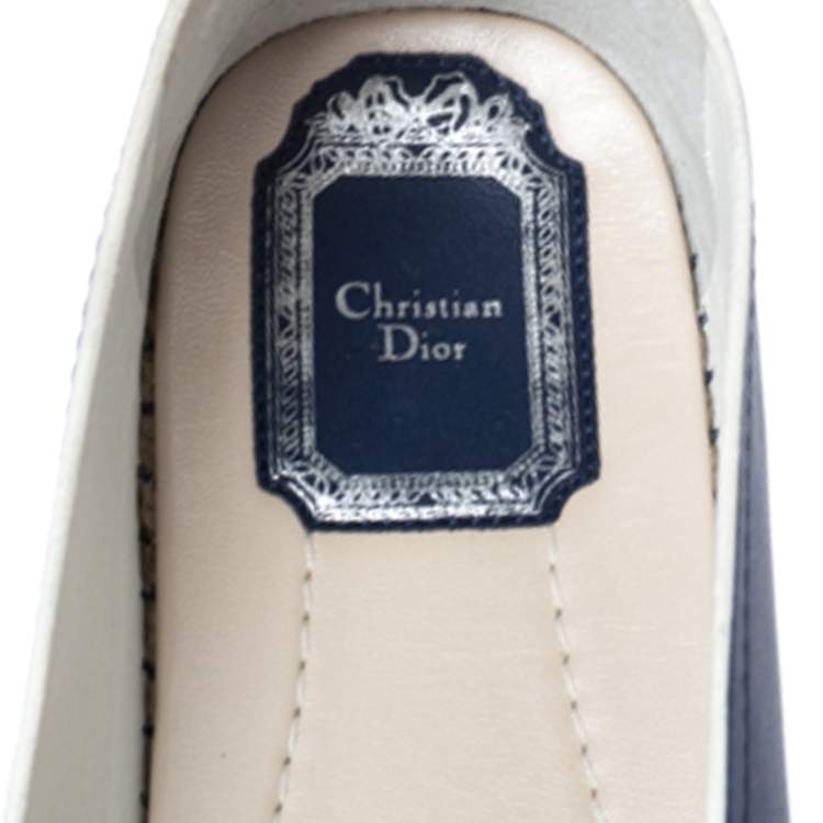 Pre Owned Dior Navy Blue Laser Cut Leather Flower Applique Espadrille Flats Size 37.5