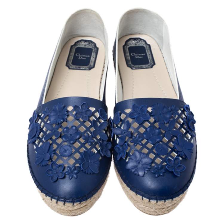 Pre Owned Dior Navy Blue Laser Cut Leather Flower Applique Espadrille Flats Size 37.5