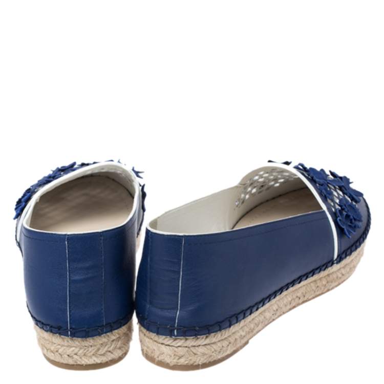 Pre Owned Dior Navy Blue Laser Cut Leather Flower Applique Espadrille Flats Size 37.5