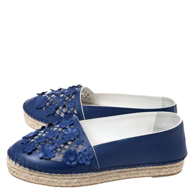 Pre Owned Dior Navy Blue Laser Cut Leather Flower Applique Espadrille Flats Size 37.5