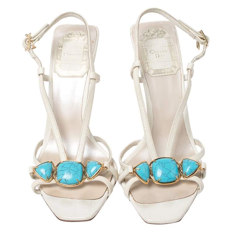 Pre Owned Christian Dior White/Blue Leather Open Toe Piedra Sandals Size 36