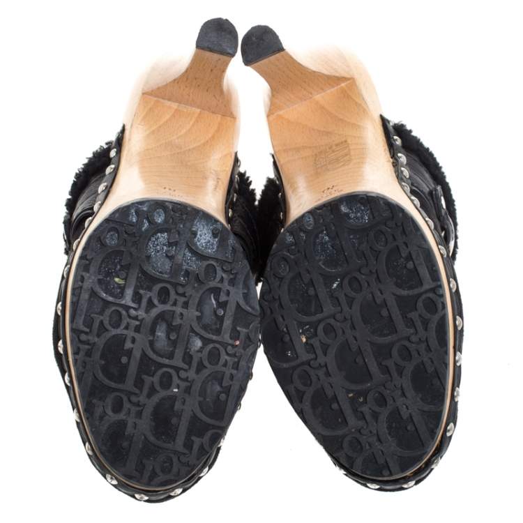 Pre Owned Dior Black Suede and Shearling Logo Buckle Clogs Size 40