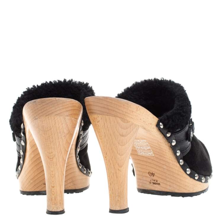Pre Owned Dior Black Suede and Shearling Logo Buckle Clogs Size 40