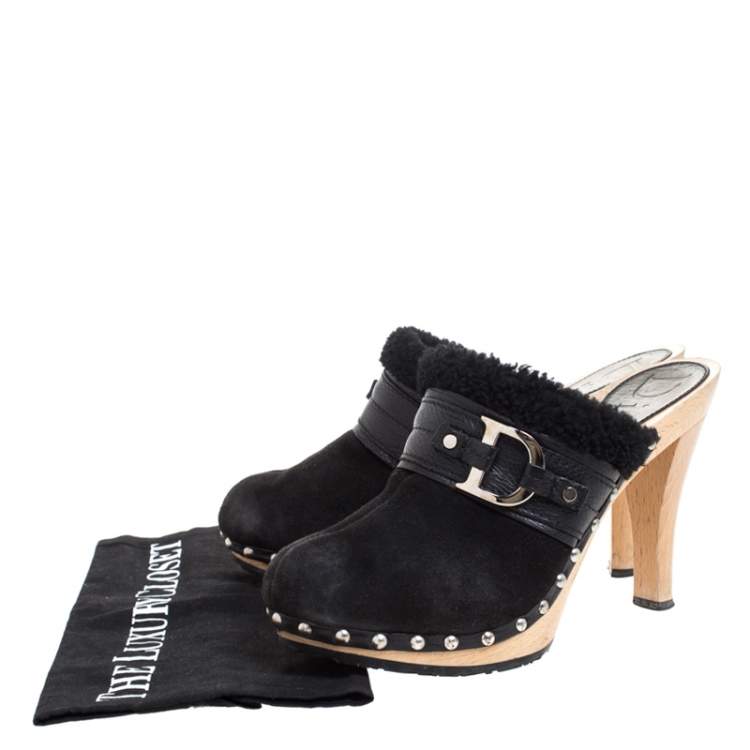 Pre Owned Dior Black Suede and Shearling Logo Buckle Clogs Size 40