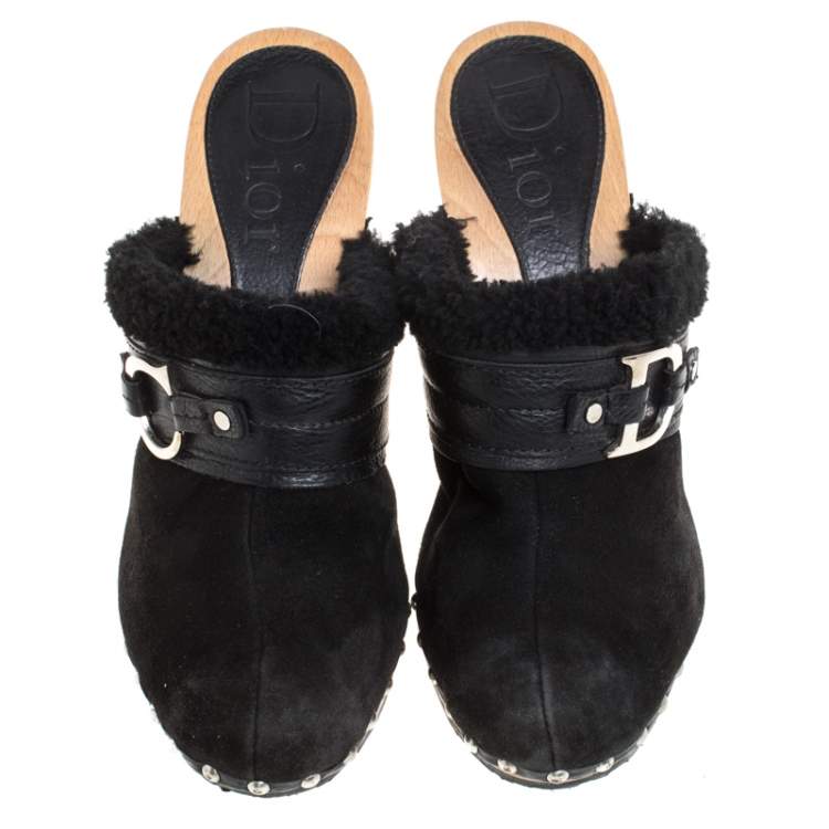 Pre Owned Dior Black Suede and Shearling Logo Buckle Clogs Size 40