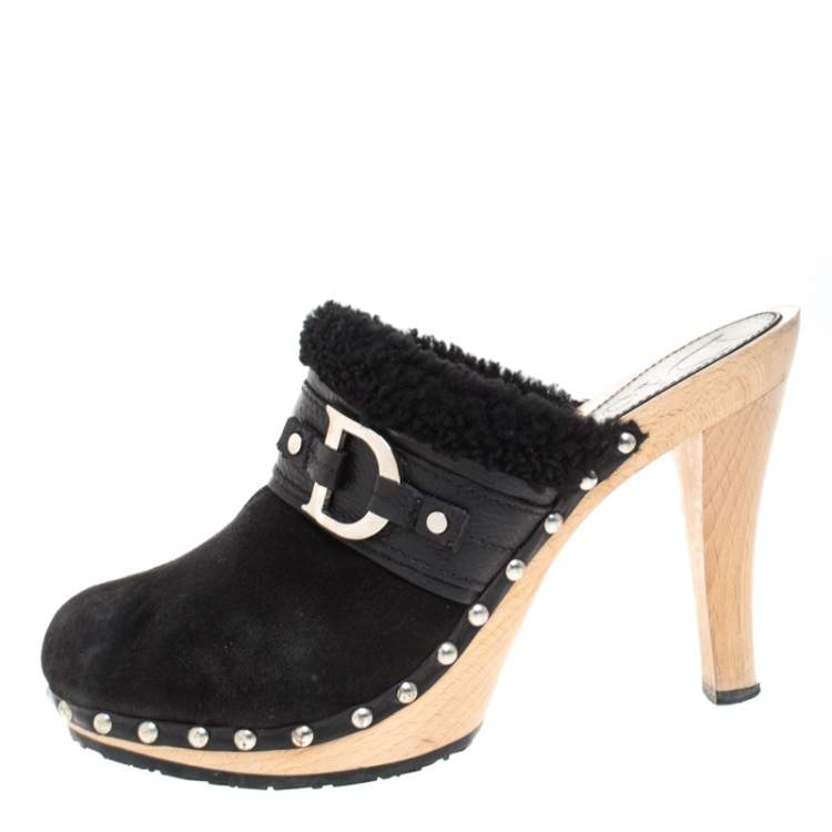 Pre Owned Dior Black Suede and Shearling Logo Buckle Clogs Size 40
