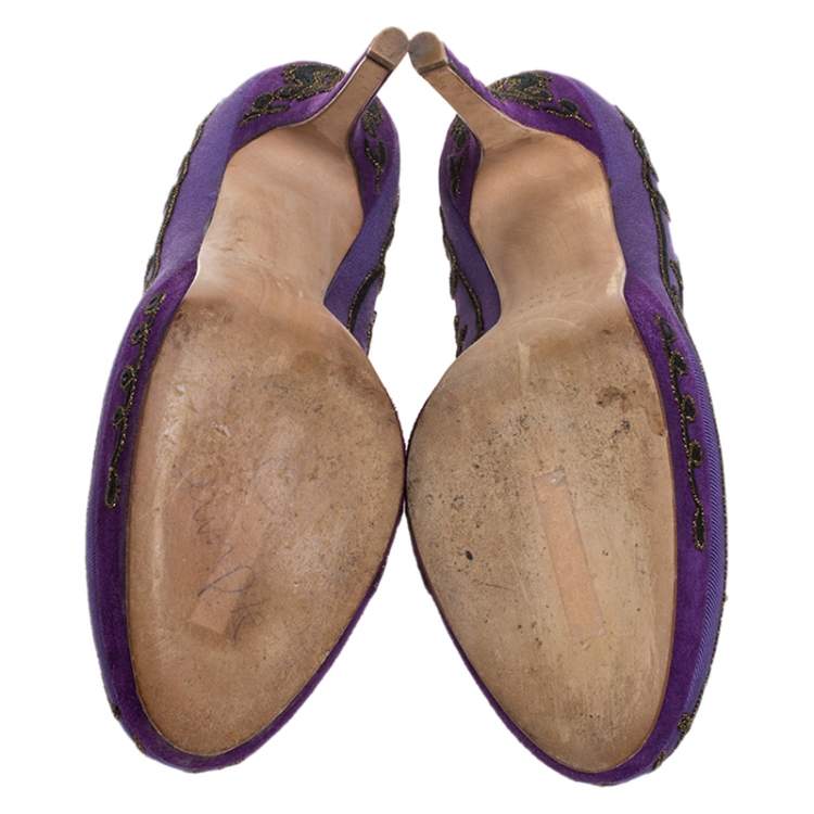 Pre Owned Dior Purple Embroidered Canvas Tie Platform Pumps Size 39