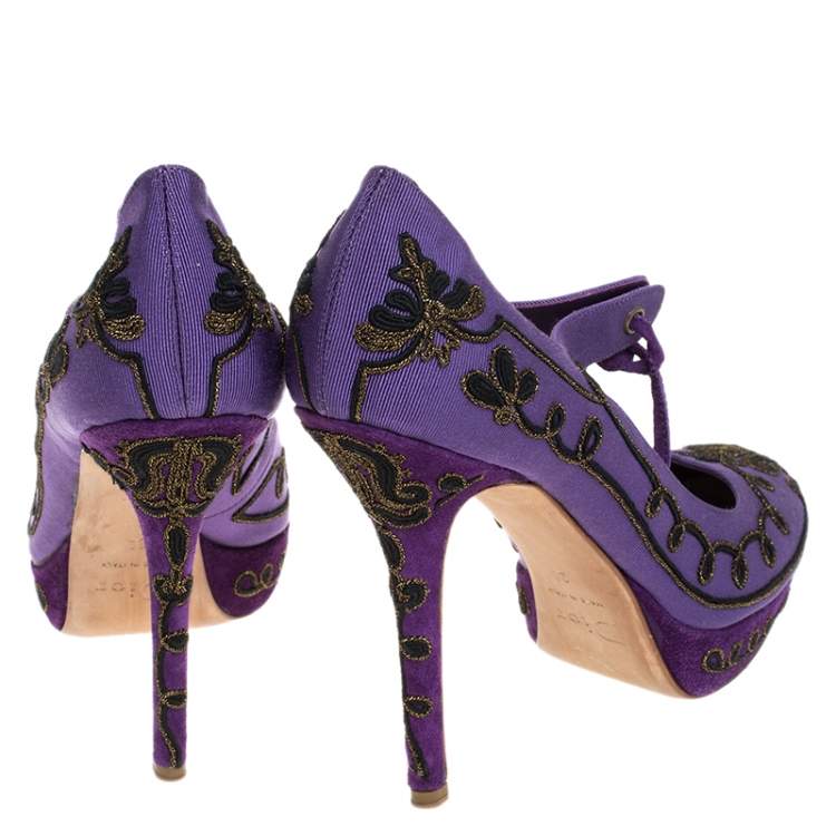 Pre Owned Dior Purple Embroidered Canvas Tie Platform Pumps Size 39