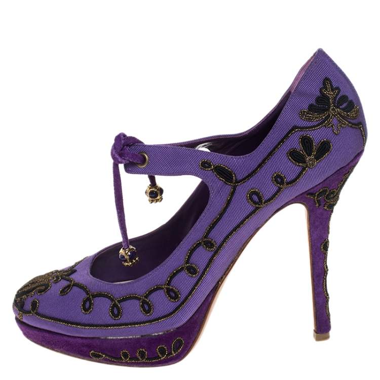 Pre Owned Dior Purple Embroidered Canvas Tie Platform Pumps Size 39