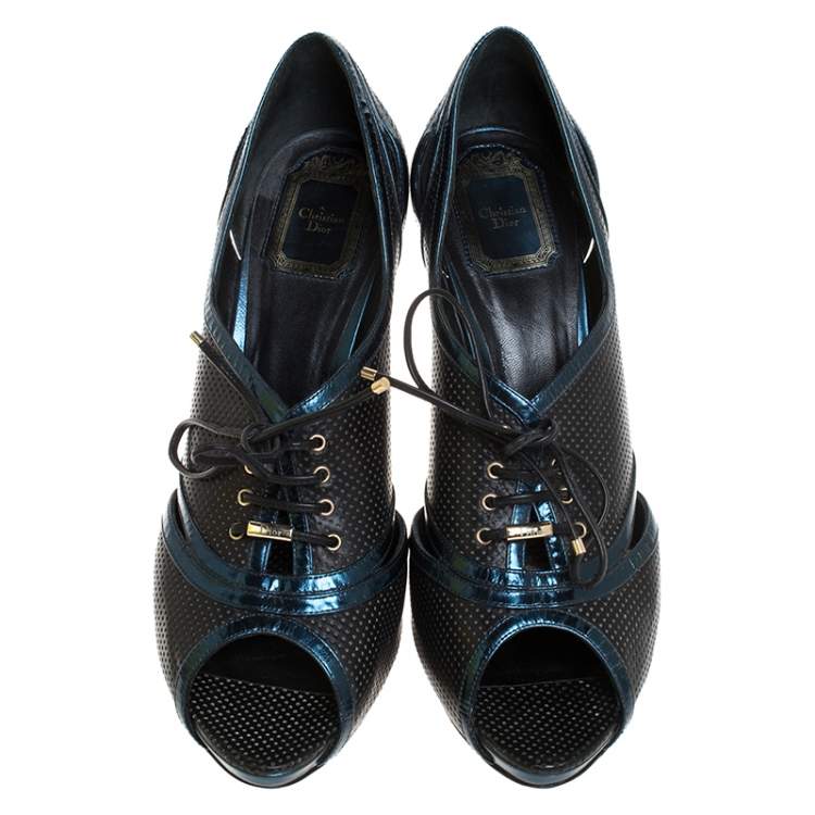 Pre Owned Dior Black/Blue Perforated Leather Peep Toe Lace Up Pumps Size 41.5