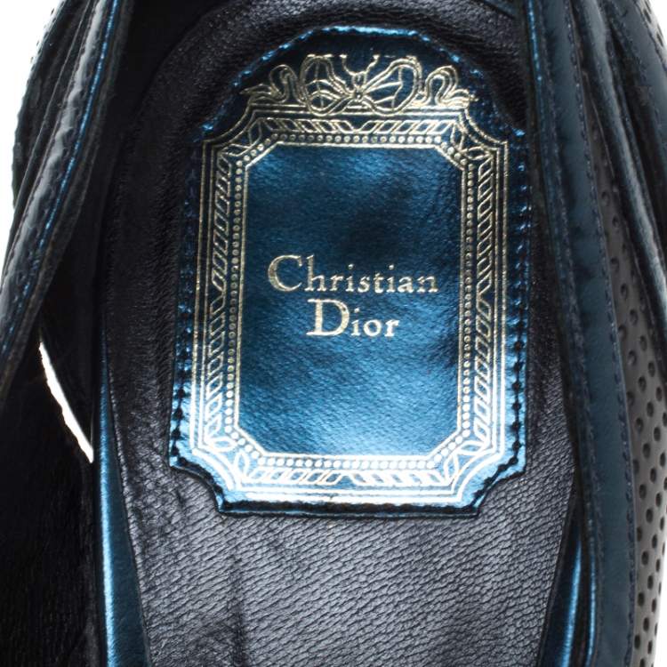 Pre Owned Dior Black/Blue Perforated Leather Peep Toe Lace Up Pumps Size 41.5