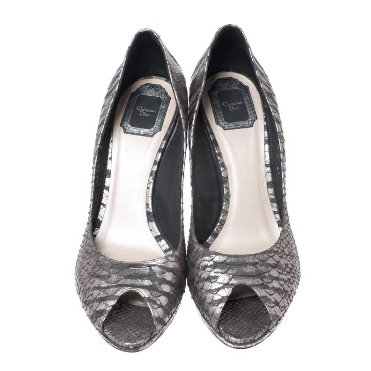 Pre Owned Dior Grey/Silver Python Leather Miss Dior Peep Toe Platform Pumps Size 41
