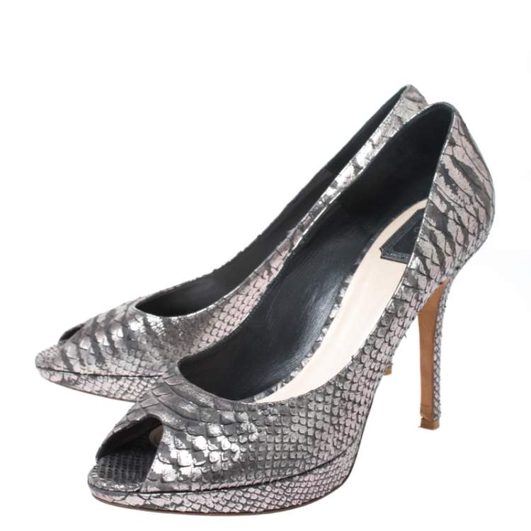 Pre Owned Dior Grey/Silver Python Leather Miss Dior Peep Toe Platform Pumps Size 41