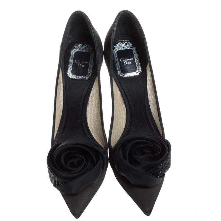 Pre Owned Dior Black Silk Midnight Garden Crystal Embellished Rosette Pointed Toe Pumps Size 37