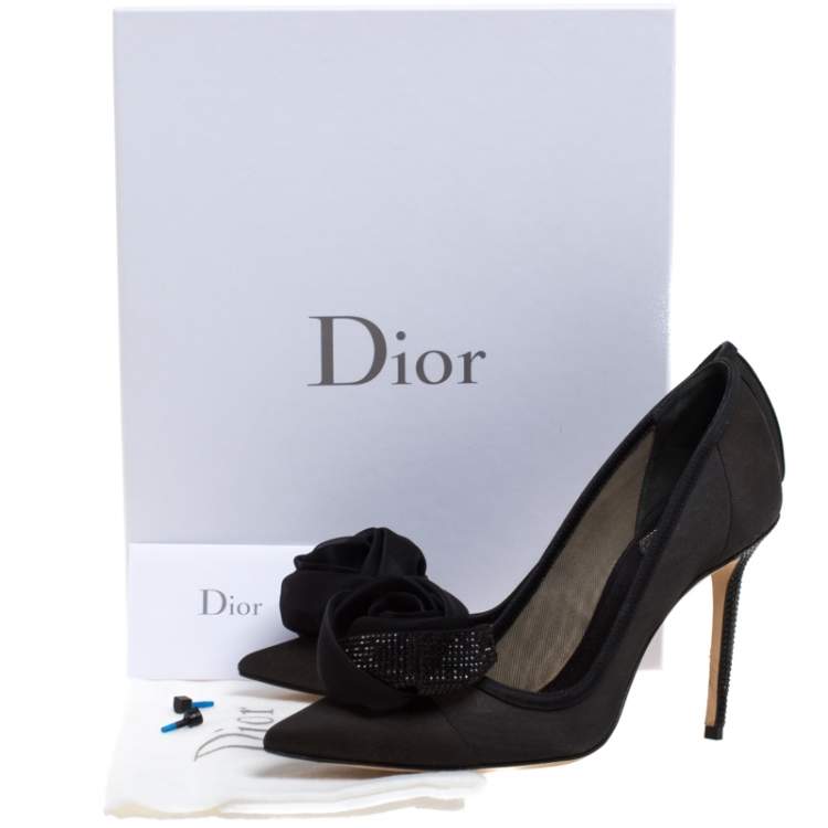 Pre Owned Dior Black Silk Midnight Garden Crystal Embellished Rosette Pointed Toe Pumps Size 37