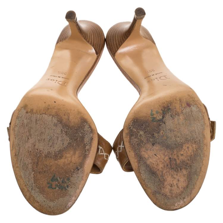 Pre Owned Dior Brown Leather Cross Stitch And Logo Detail Slide Sandals Size 39.5