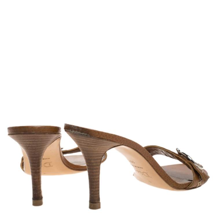 Pre Owned Dior Brown Leather Cross Stitch And Logo Detail Slide Sandals Size 39.5