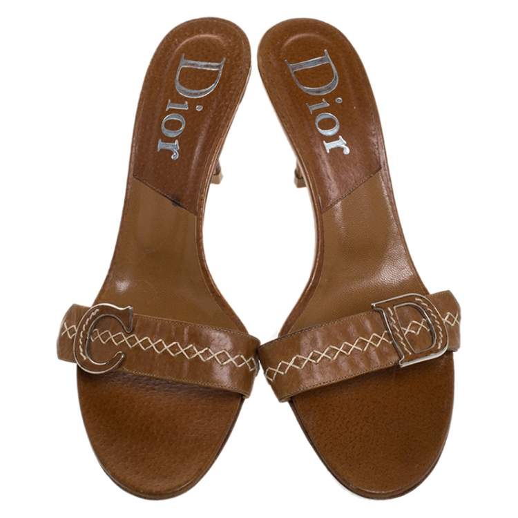 Pre Owned Dior Brown Leather Cross Stitch And Logo Detail Slide Sandals Size 39.5