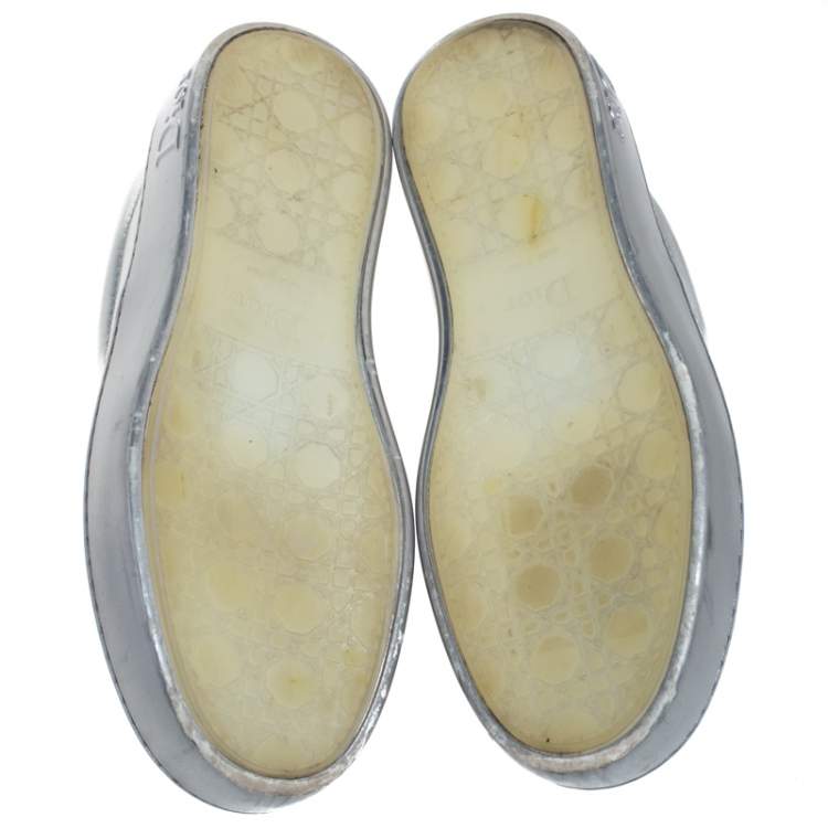 Pre Owned Dior Metallic Silver Glitter Leather Dior Happy Floral Embellished Slip On Sneakers Size 36.5
