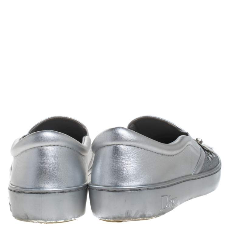 Pre Owned Dior Metallic Silver Glitter Leather Dior Happy Floral Embellished Slip On Sneakers Size 36.5