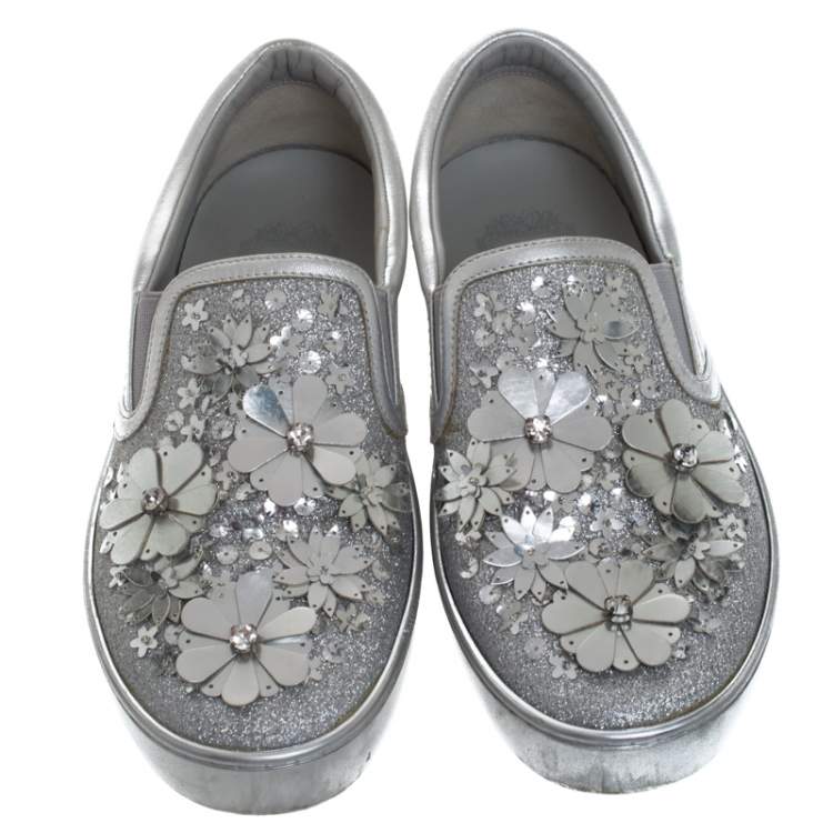 Pre Owned Dior Metallic Silver Glitter Leather Dior Happy Floral Embellished Slip On Sneakers Size 36.5