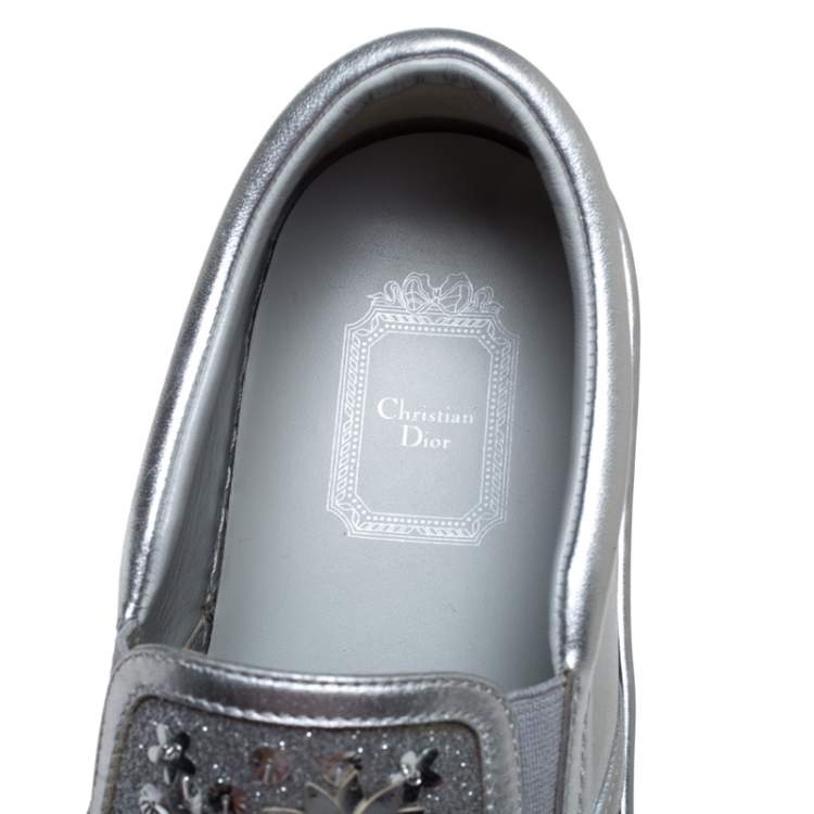 Pre Owned Dior Metallic Silver Glitter Leather Dior Happy Floral Embellished Slip On Sneakers Size 36.5