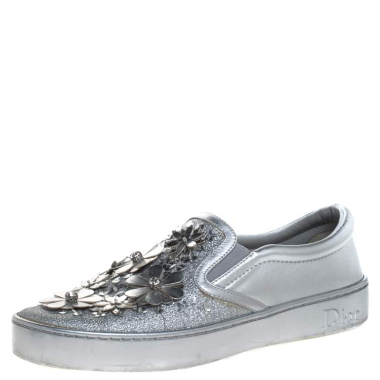 Pre Owned Dior Metallic Silver Glitter Leather Dior Happy Floral Embellished Slip On Sneakers Size 36.5